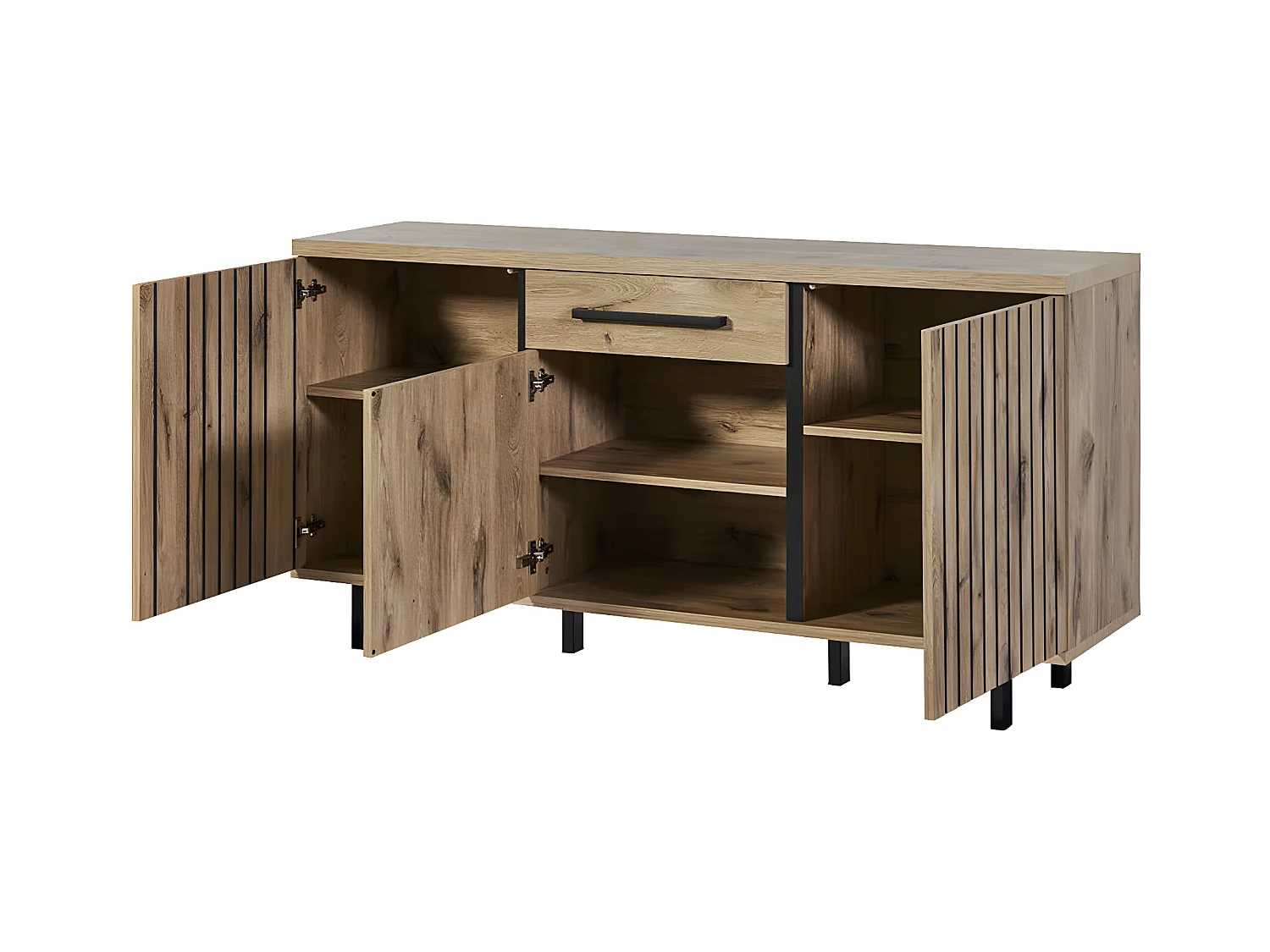 ROMY - Buffet 3 Portes 1 Tiroir Aspect Bois Finition Canyon Oak Effet Tasseaux