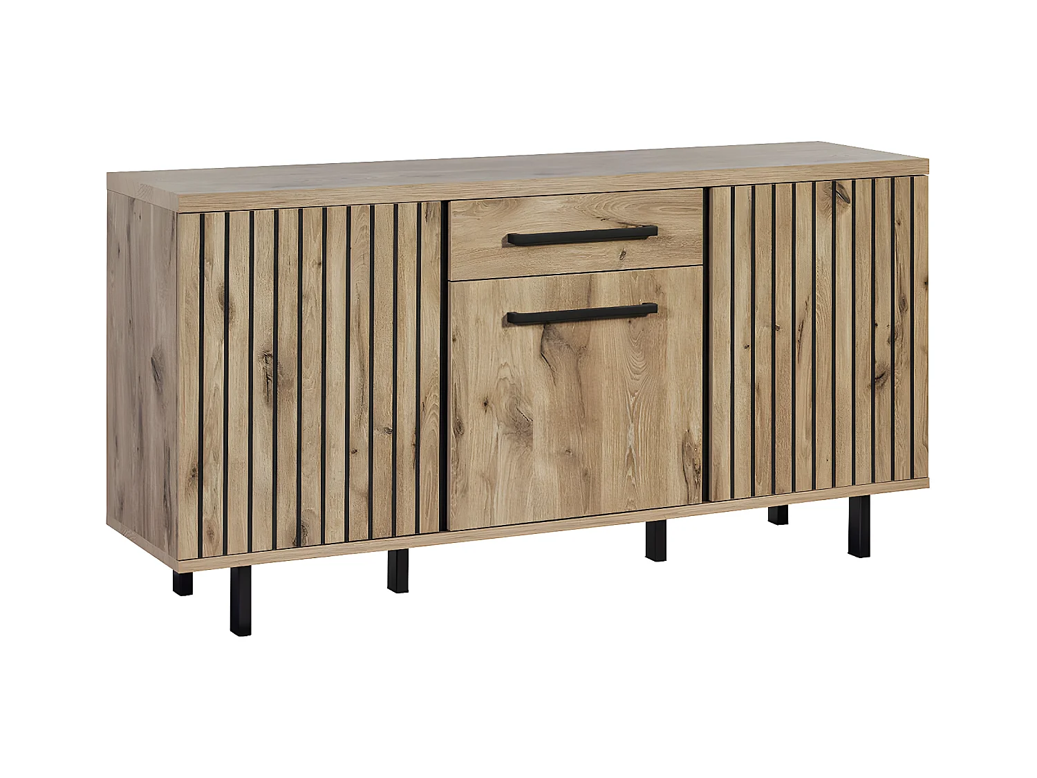 ROMY - Buffet 3 Portes 1 Tiroir Aspect Bois Finition Canyon Oak Effet Tasseaux