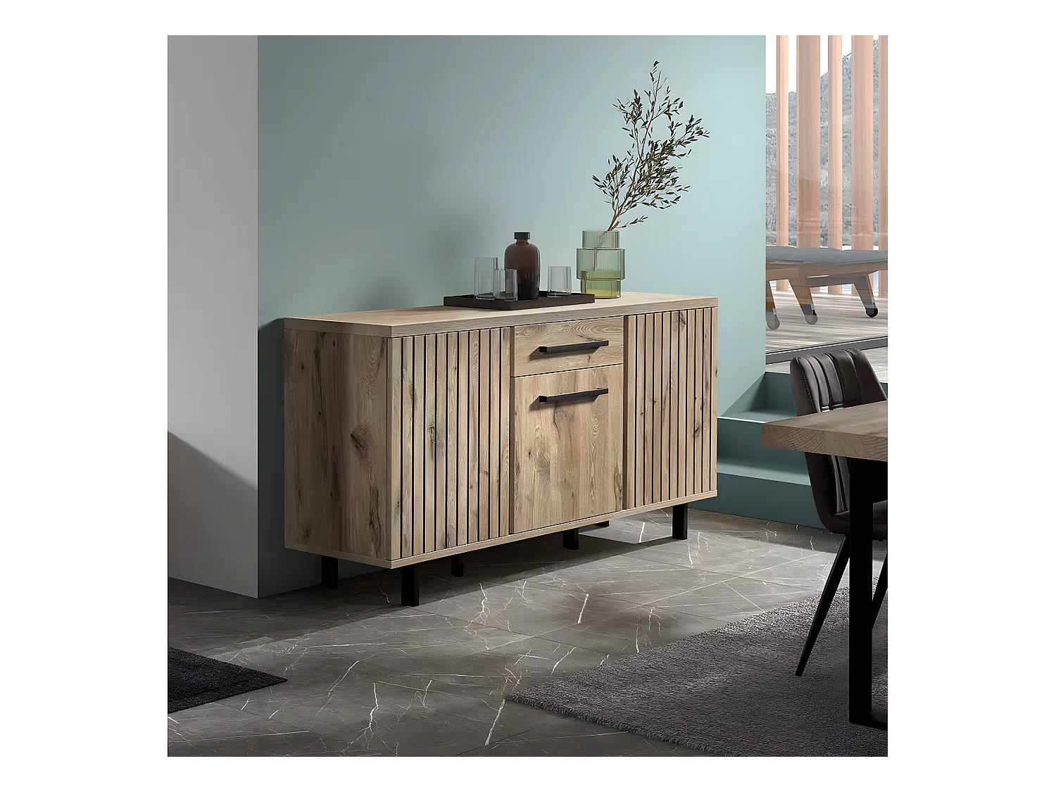 ROMY - Buffet 3 Portes 1 Tiroir Aspect Bois Finition Canyon Oak Effet Tasseaux