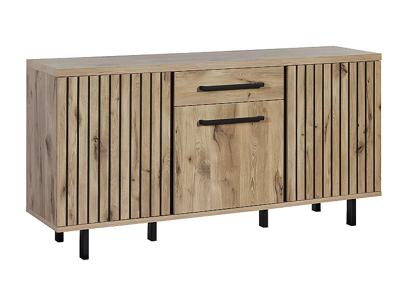 ROMY - Buffet 3 Portes 1 Tiroir Aspect Bois Finition Canyon Oak Effet Tasseaux