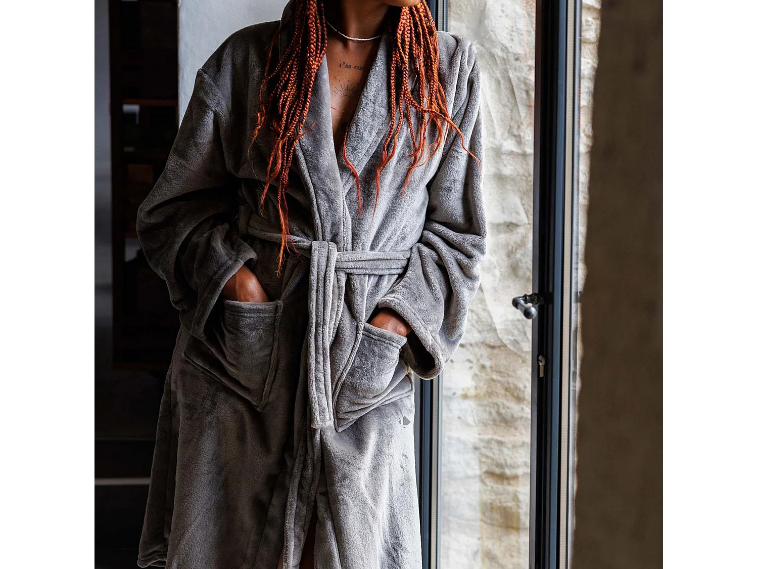 Peignoir col châle adulte DORIS micro fourrure taille XL gris chamois