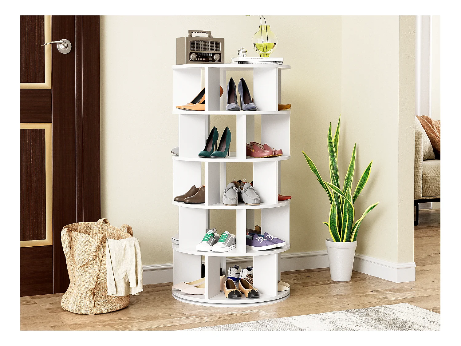 Meuble à chaussures pivotan - rotatif - 5 niveaux - Blanc