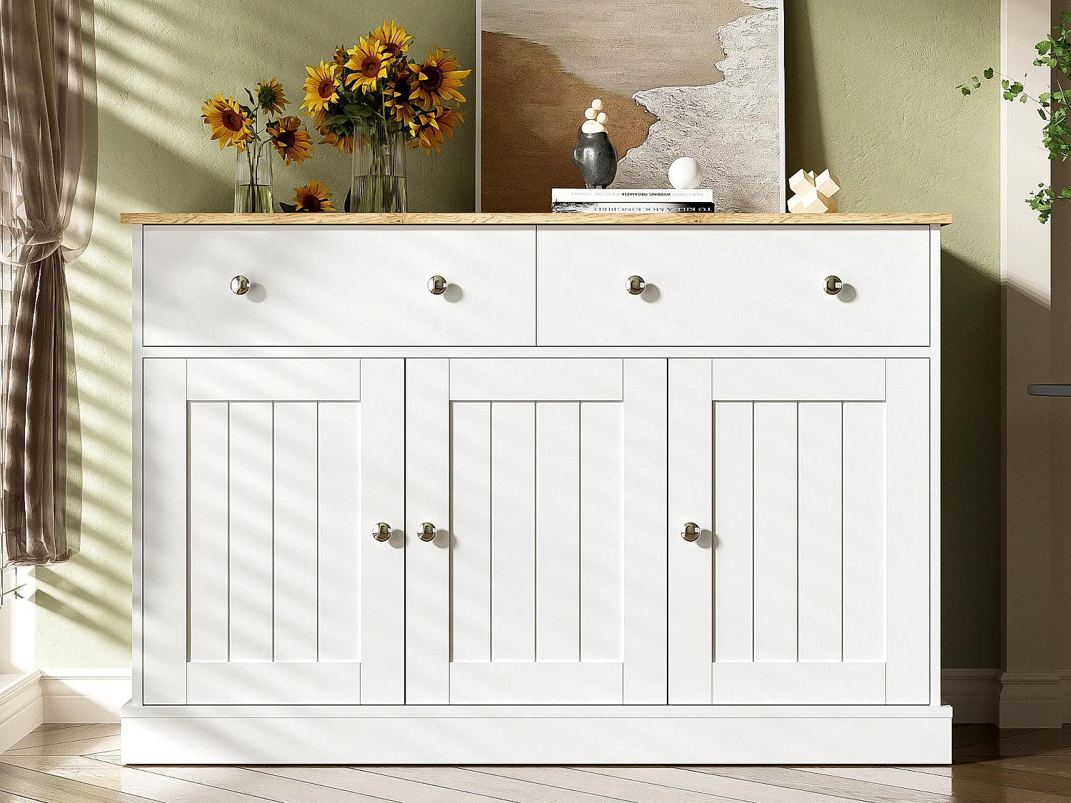 Credenza bassa in truciolare - 3 ante e 2 cassetti - Bianco