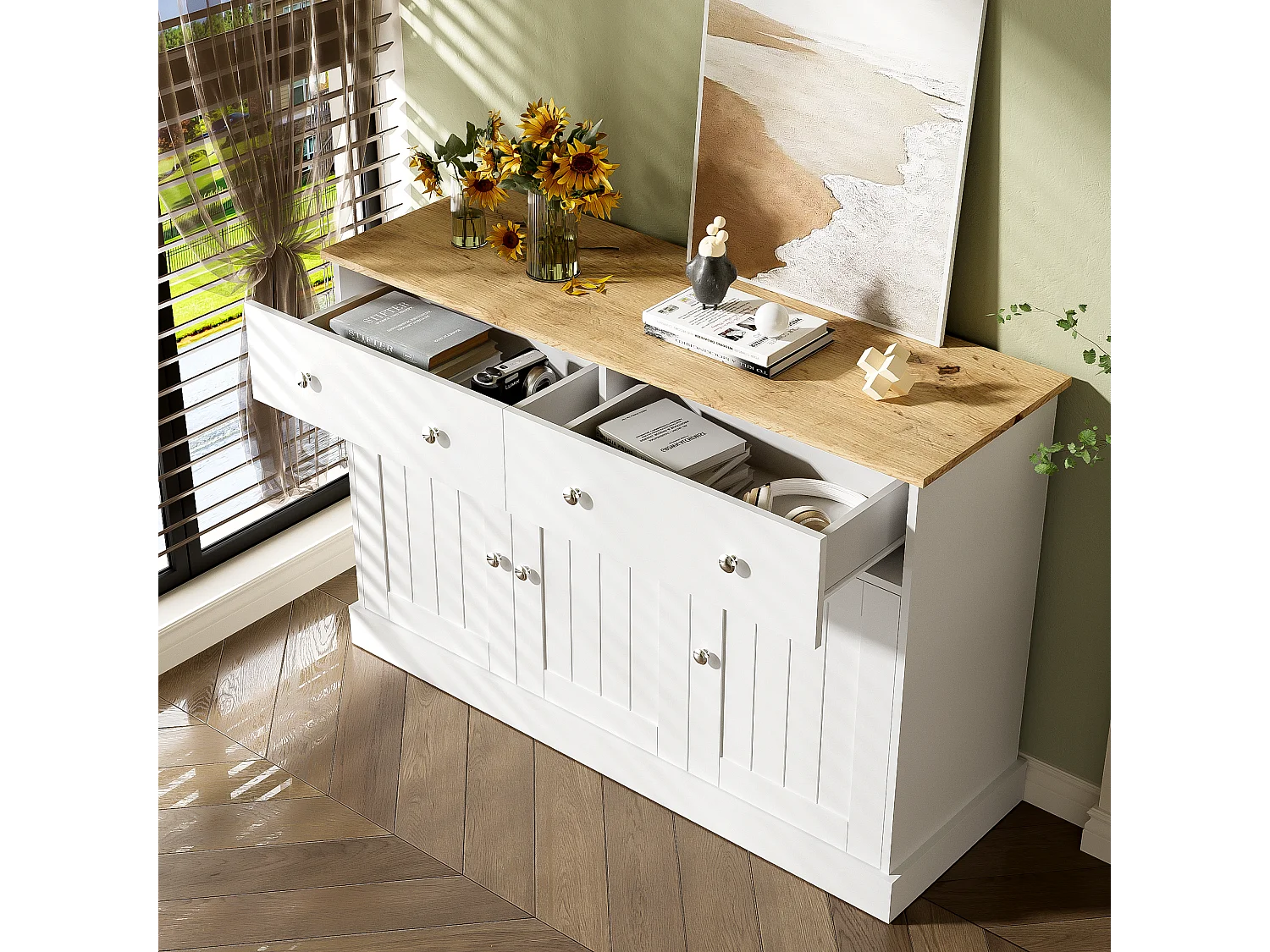 Credenza bassa in truciolare - 3 ante e 2 cassetti - Bianco