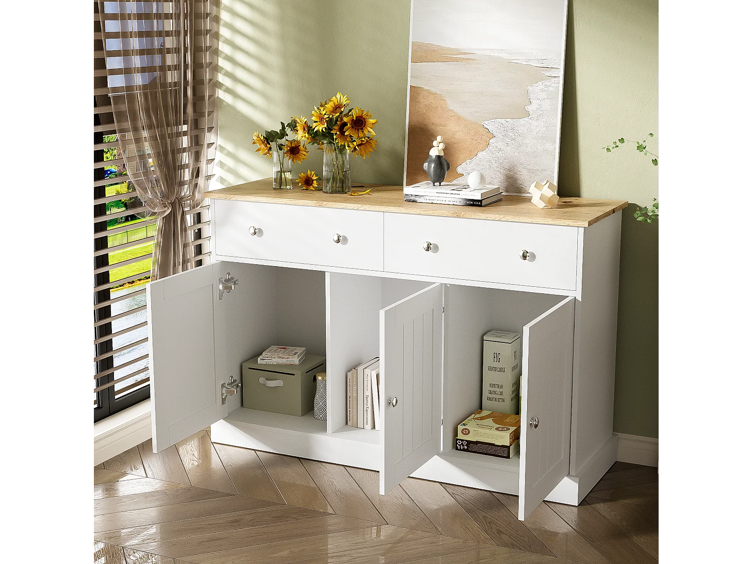 Credenza bassa in truciolare - 3 ante e 2 cassetti - Bianco