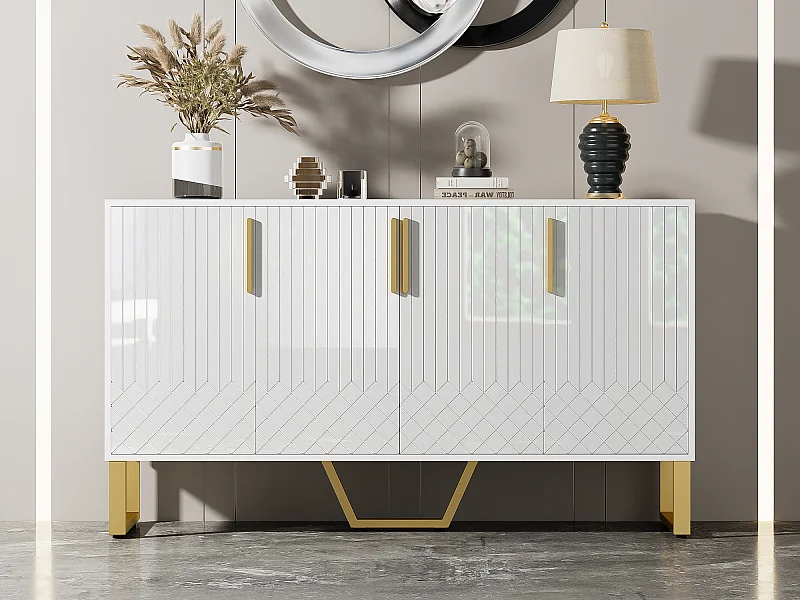 Credenza moderna - 4 ante materiche incise con maniglie oro - Bianco