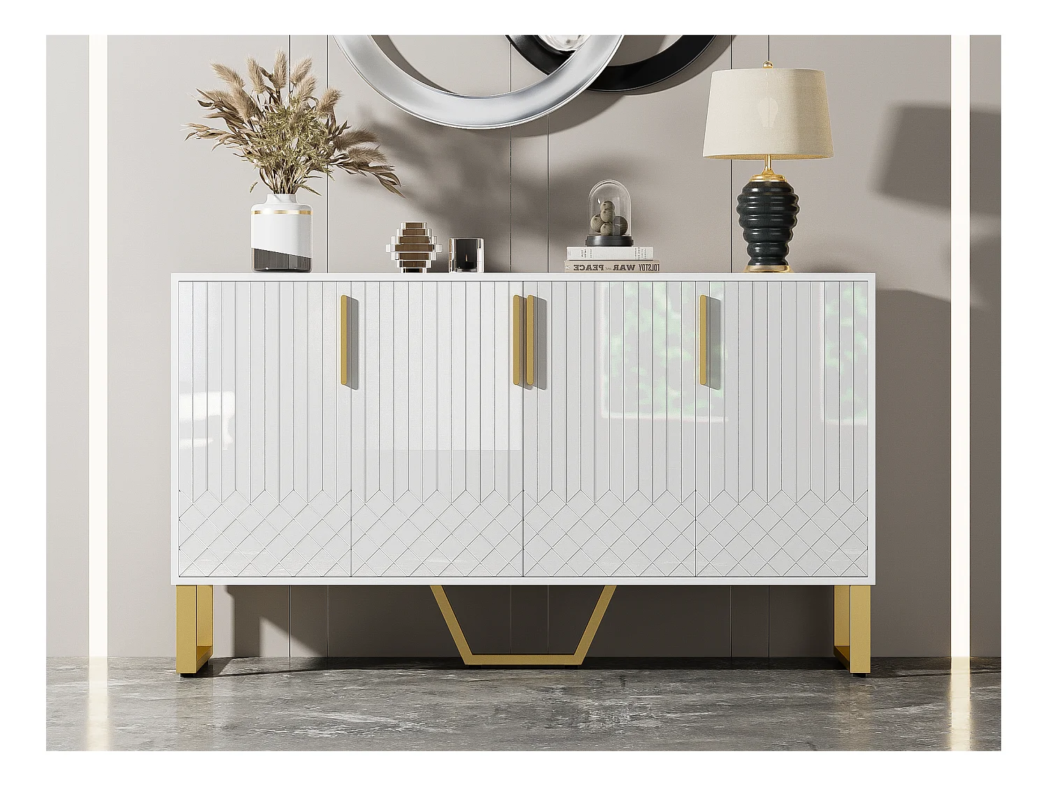 Buffet moderne - 4 portes texturées gravées avec poignées dorées - Blanc