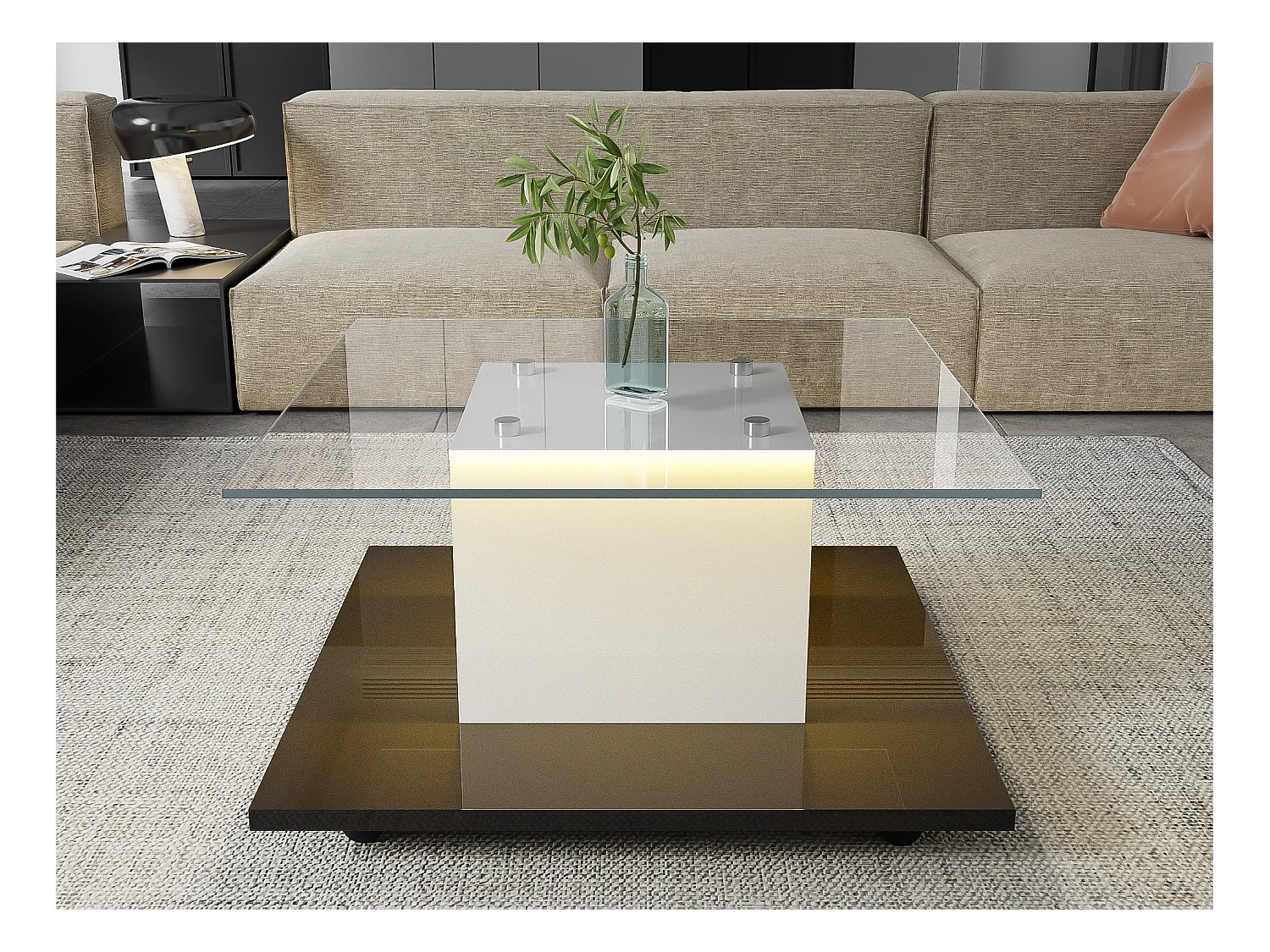Table basse moderne à roulettes pivotantes - avec LED - Blanc & Noir