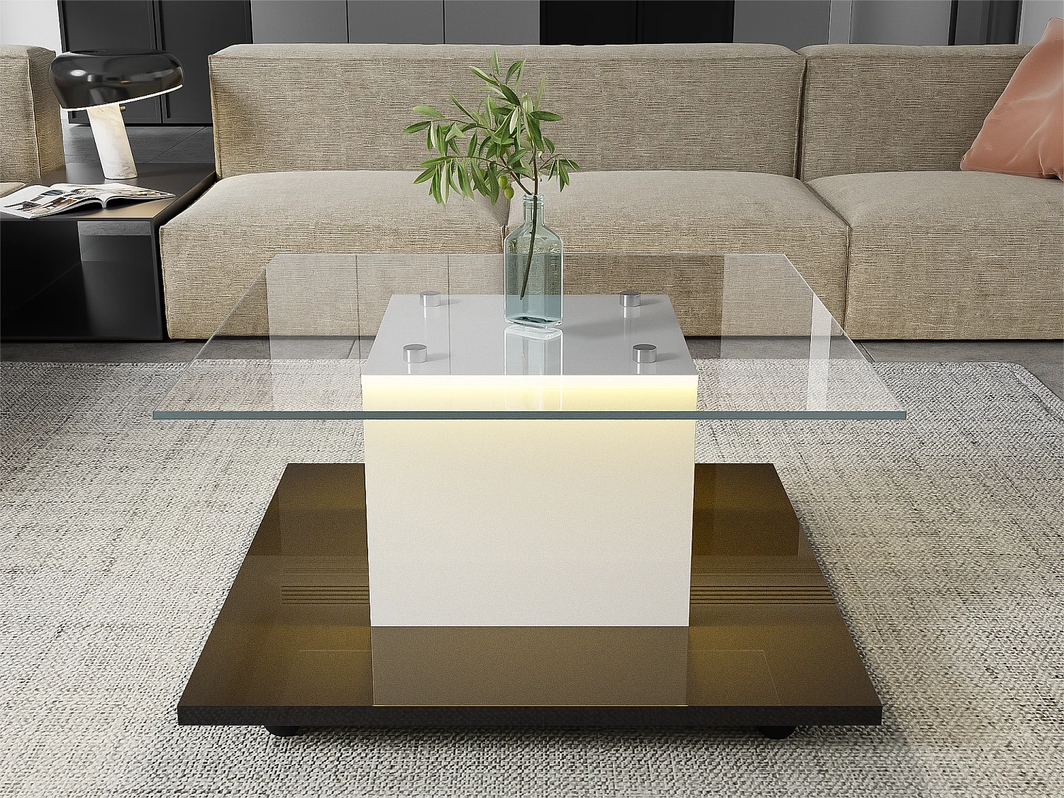 Table basse moderne à roulettes pivotantes - avec LED - Blanc & Noir