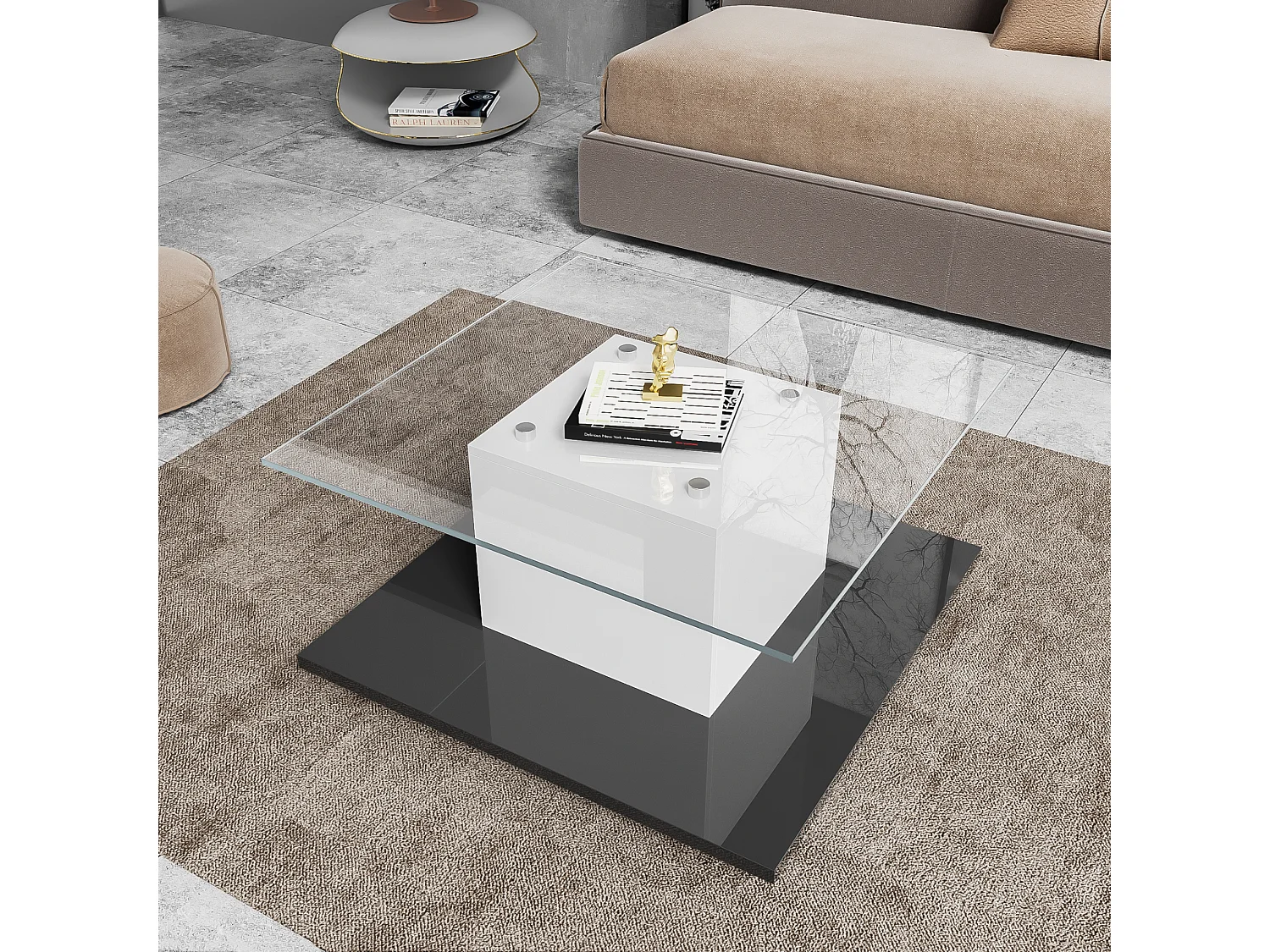 Table basse moderne à roulettes pivotantes - avec LED - Blanc & Noir