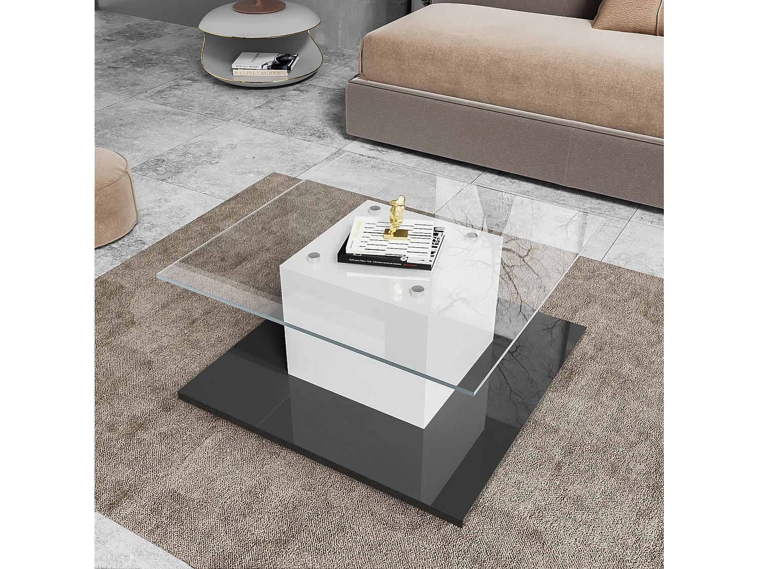 Mesa de centro moderna com rodízios giratórios - com LED - Branco e Preto