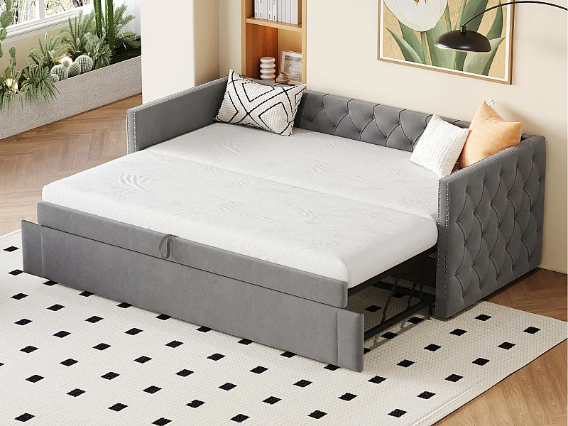 Fluweel gestoffeerd onderschuifbed - 90/180x200 cm - met lattenbodem - Grijs