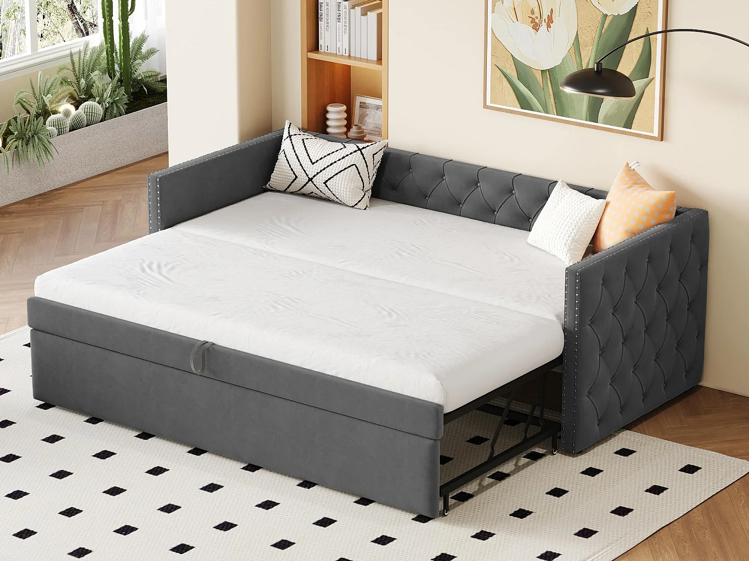 Mit Samt gepolstertes Ausziehbett – 90/180 x 200 cm – mit Lattenrost – Grau