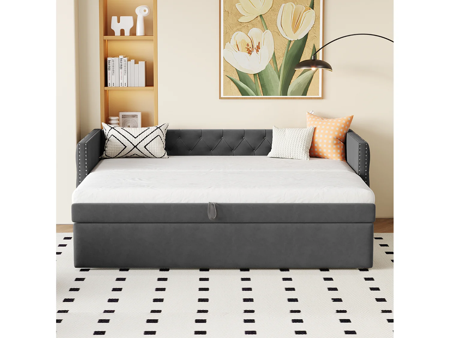 Mit Samt gepolstertes Ausziehbett – 90/180 x 200 cm – mit Lattenrost – Grau