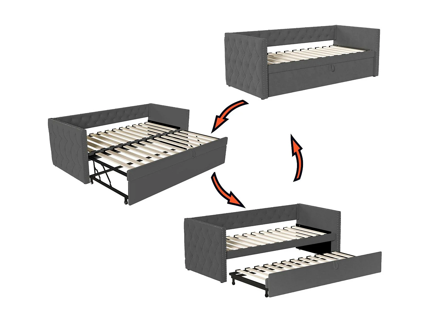 Mit Samt gepolstertes Ausziehbett – 90/180 x 200 cm – mit Lattenrost – Grau