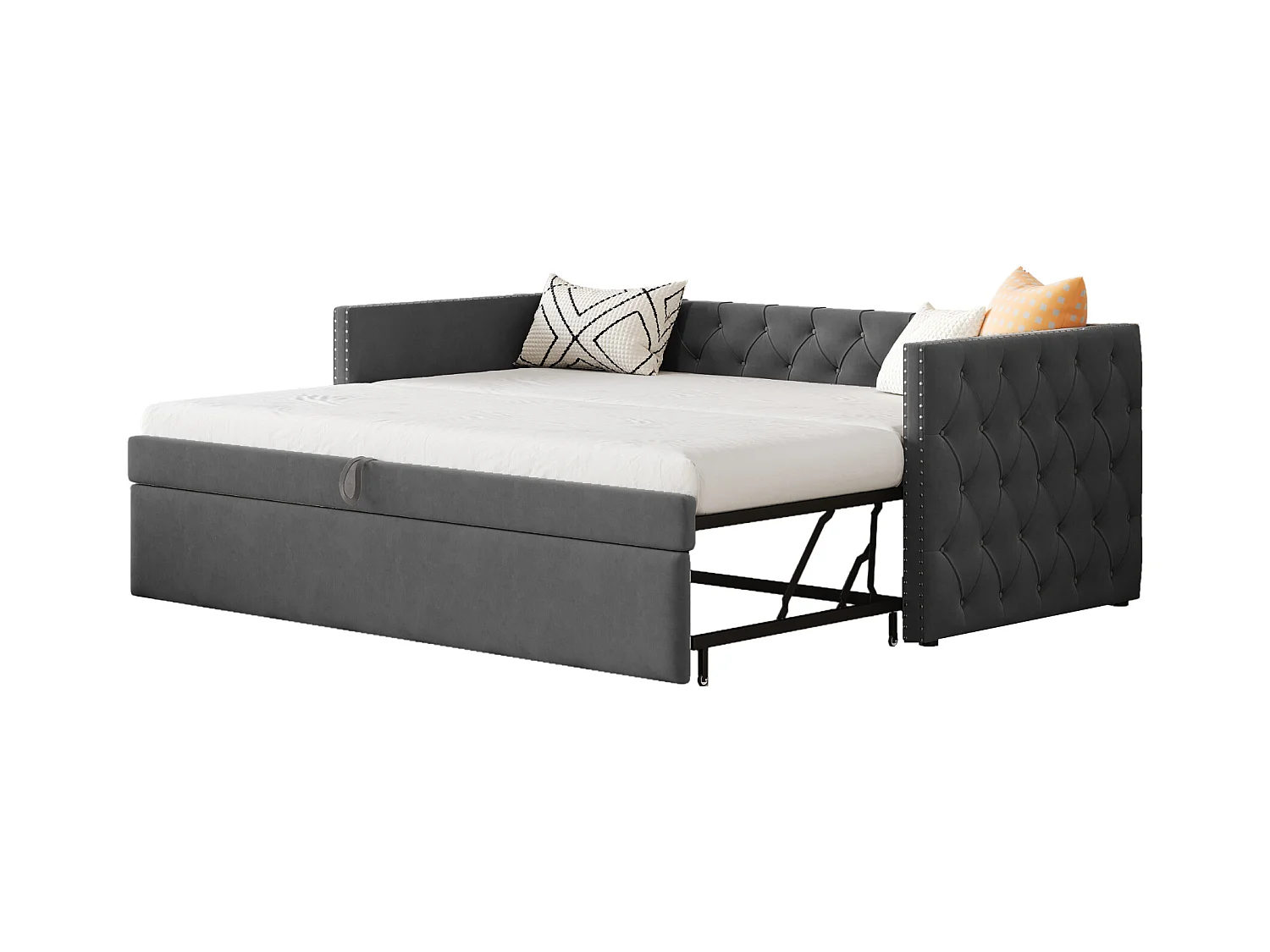 Mit Samt gepolstertes Ausziehbett – 90/180 x 200 cm – mit Lattenrost – Grau