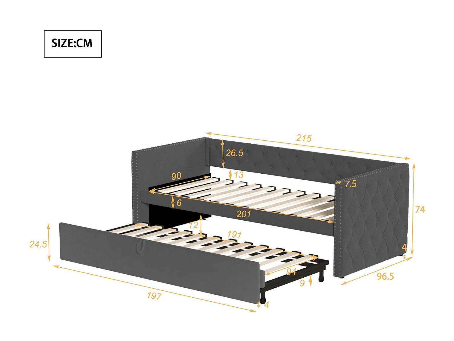 Cama nido tapizada en terciopelo - 90/180x200 cm - con somier de láminas - Gris