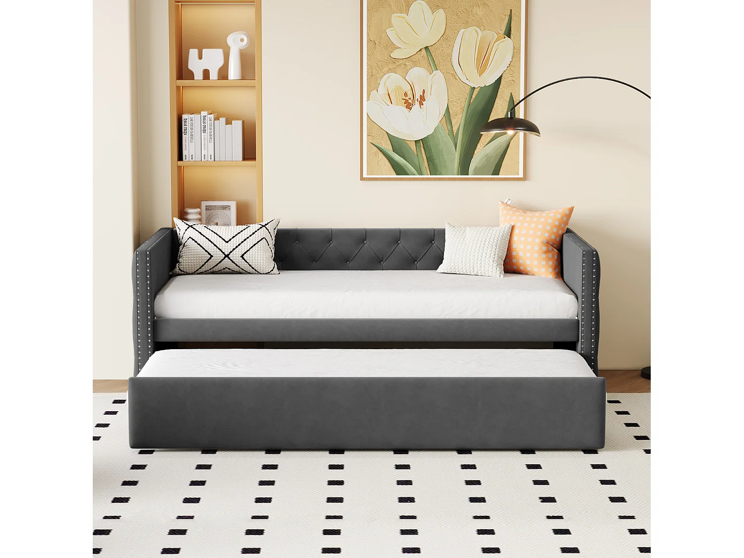 Cama nido tapizada en terciopelo - 90/180x200 cm - con somier de láminas - Gris