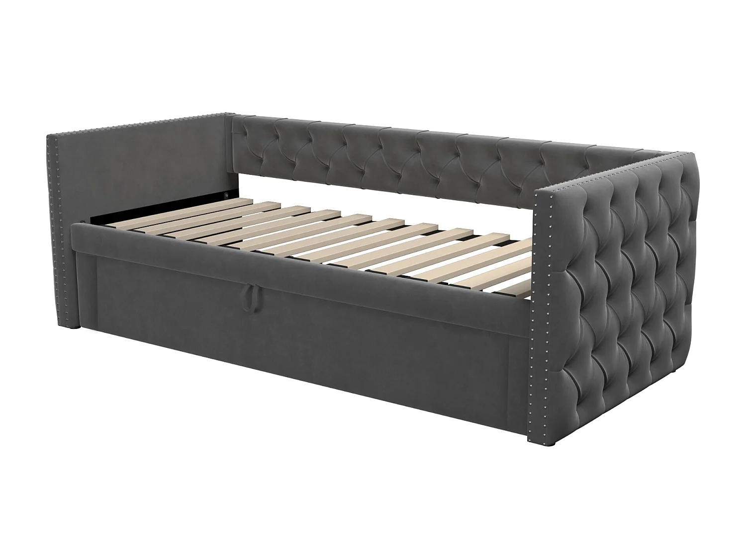 Cama nido tapizada en terciopelo - 90/180x200 cm - con somier de láminas - Gris