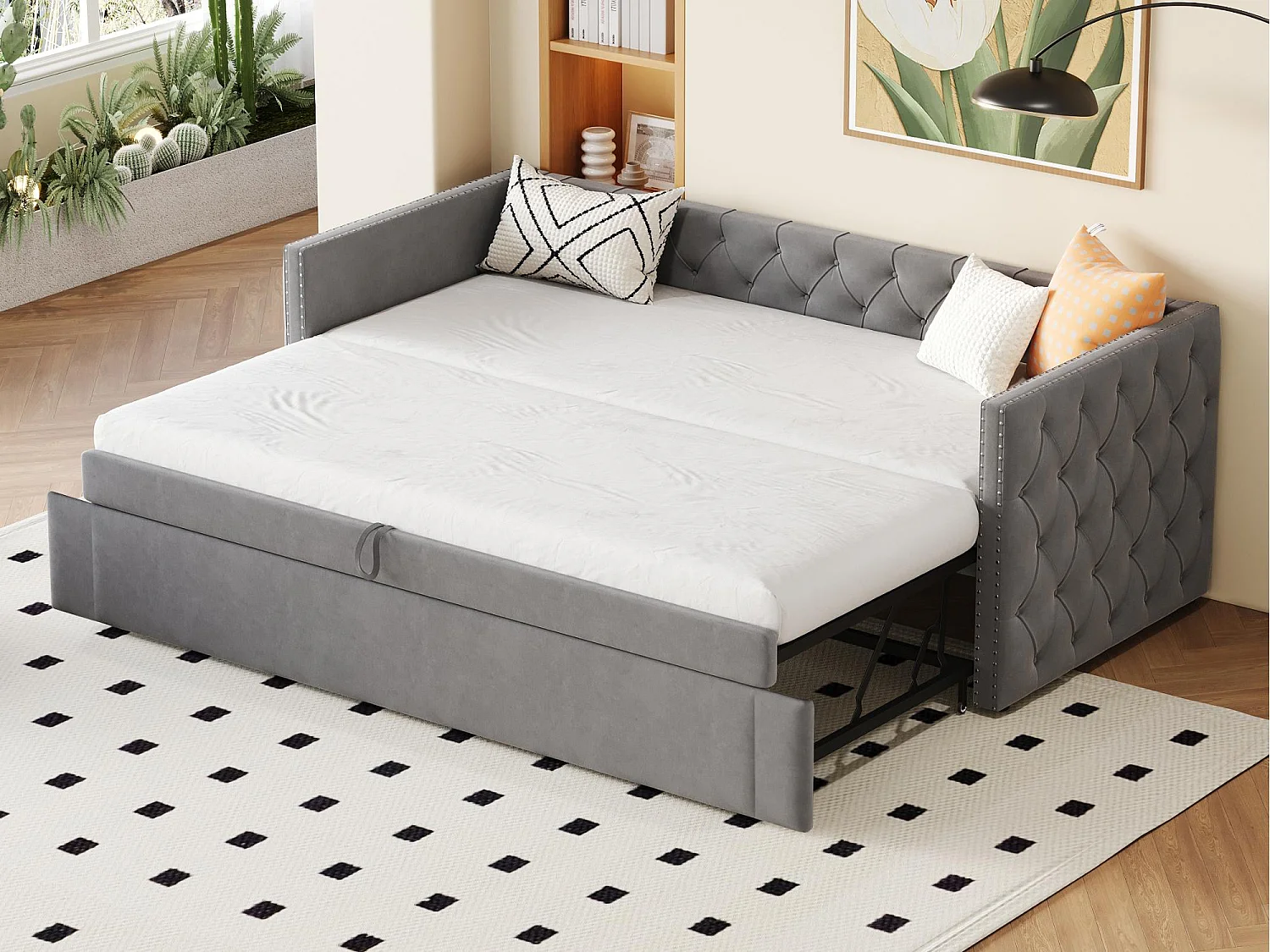 Lit gigogne rembourré en velours - 90/180x200 cm - avec sommier à lattes - Gris