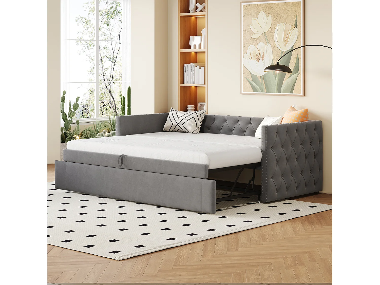 Lit gigogne rembourré en velours - 90/180x200 cm - avec sommier à lattes - Gris