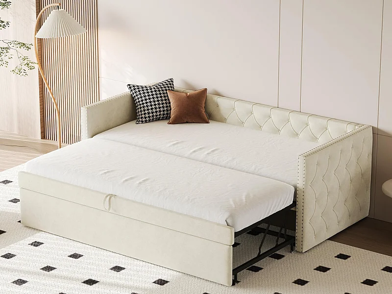 Cama tipo gavetão estofada em veludo - 90/180x200 cm - com base de ripas - Bege