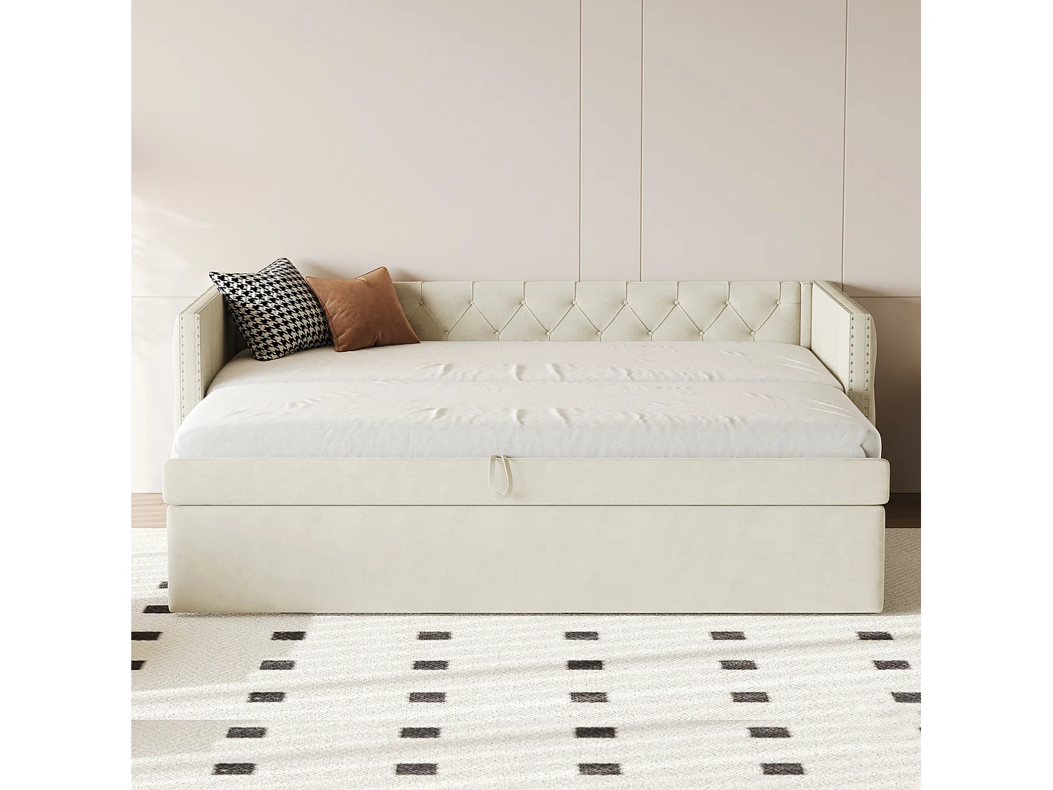 Fluweel gestoffeerd onderschuifbed - 90/180x200 cm - met lattenbodem - Beige