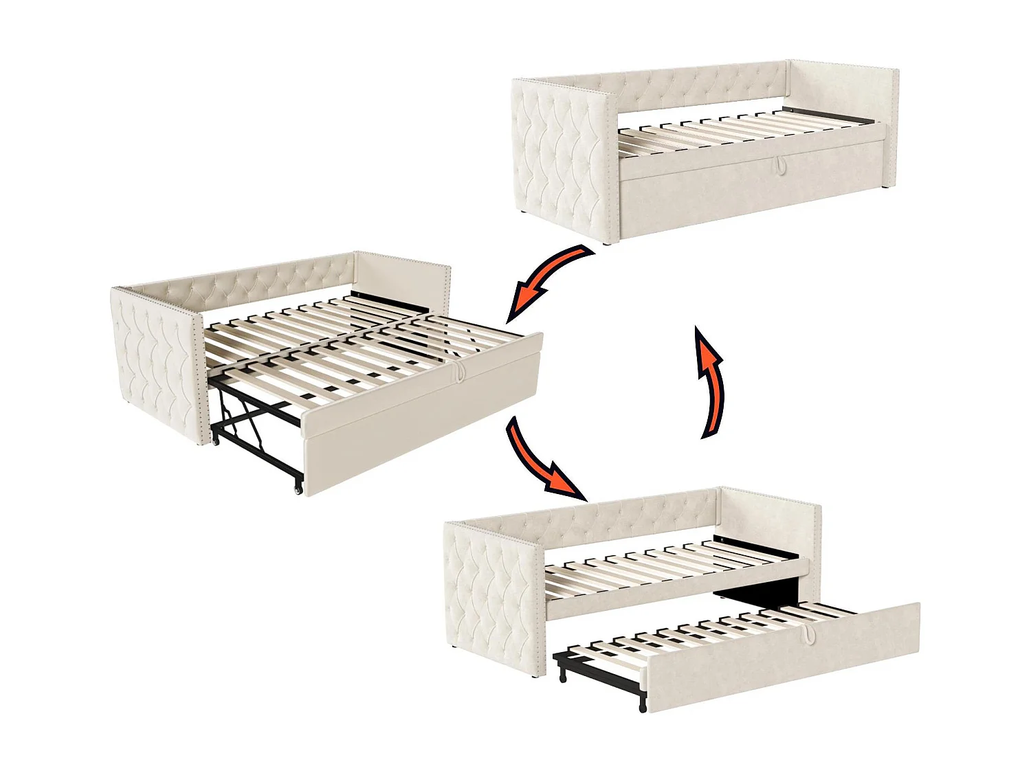 Fluweel gestoffeerd onderschuifbed - 90/180x200 cm - met lattenbodem - Beige