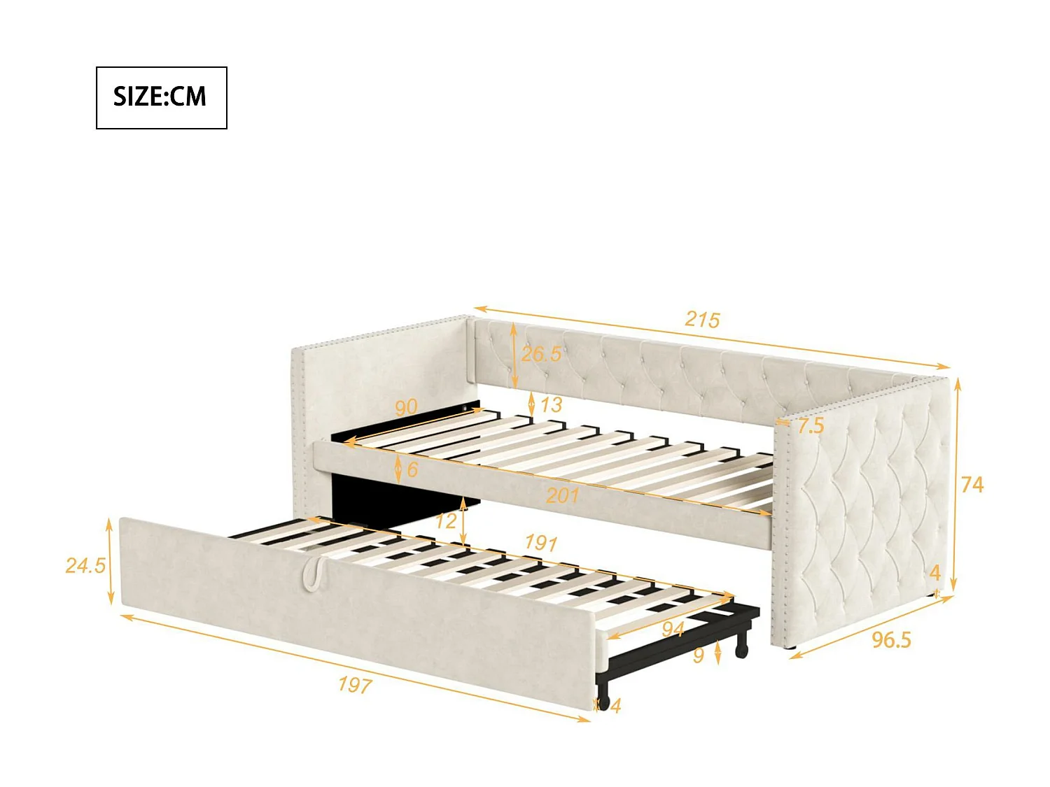 Fluweel gestoffeerd onderschuifbed - 90/180x200 cm - met lattenbodem - Beige