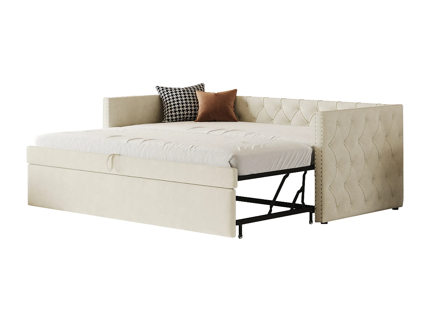 Fluweel gestoffeerd onderschuifbed - 90/180x200 cm - met lattenbodem - Beige