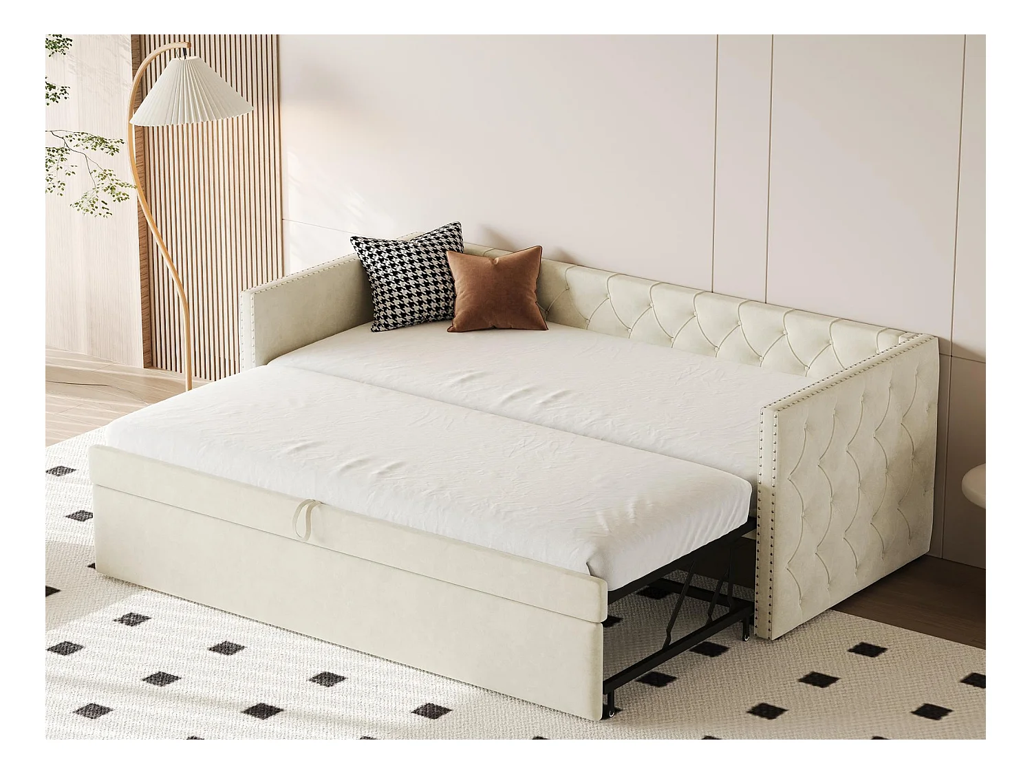 Lit gigogne rembourré en velours - 90/180x200 cm - avec sommier à lattes - Beige