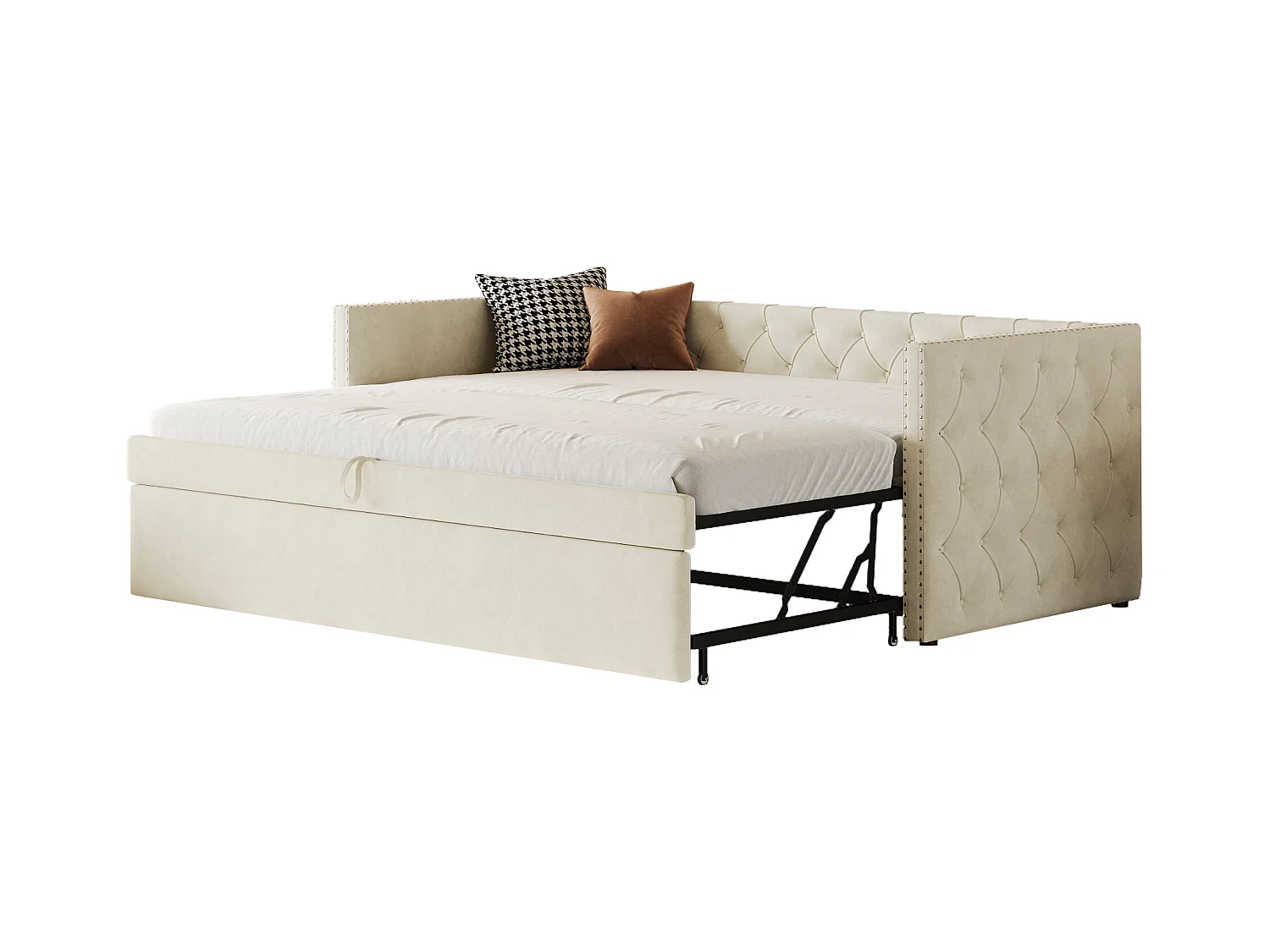 Letto estraibile imbottito in velluto - 90/180x200 cm - con rete a doghe - Beige