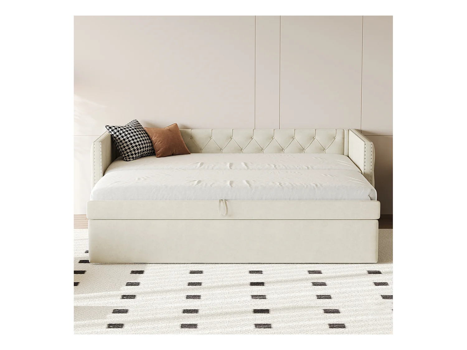 Letto estraibile imbottito in velluto - 90/180x200 cm - con rete a doghe - Beige