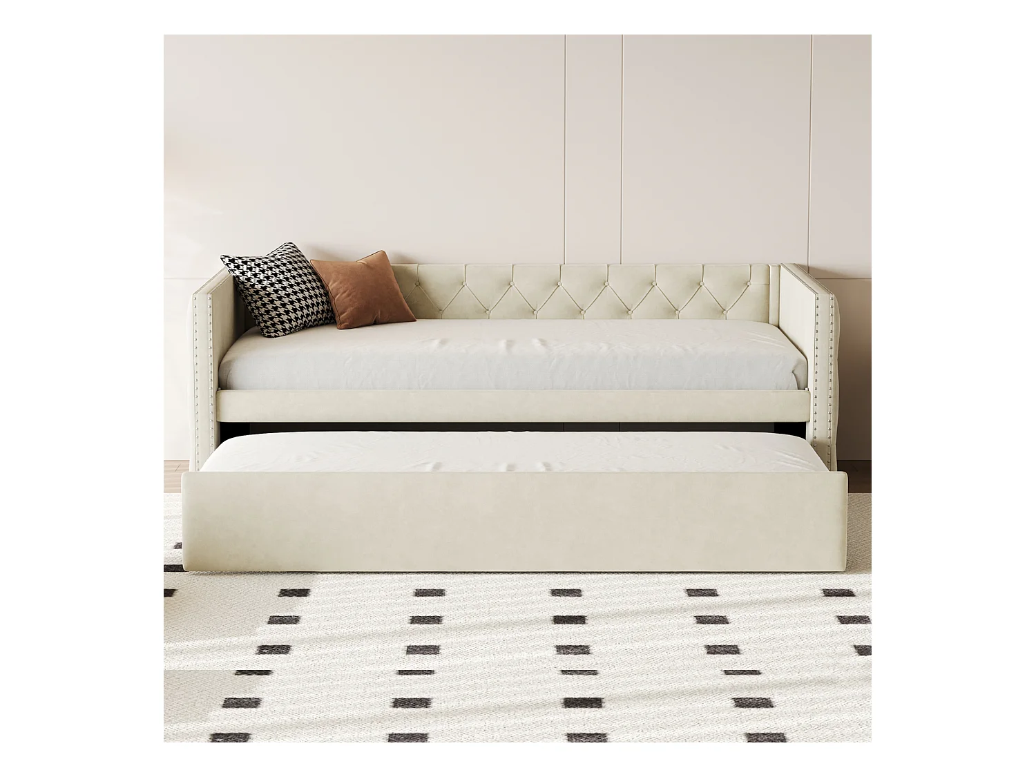 Letto estraibile imbottito in velluto - 90/180x200 cm - con rete a doghe - Beige