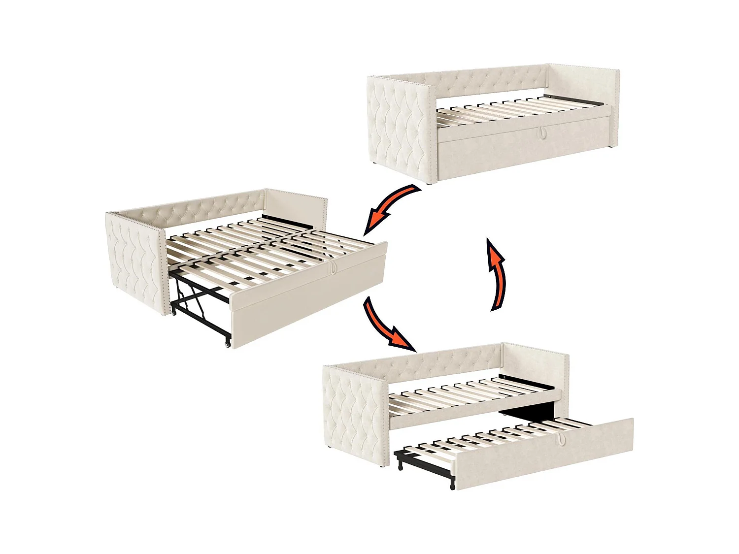 Letto estraibile imbottito in velluto - 90/180x200 cm - con rete a doghe - Beige