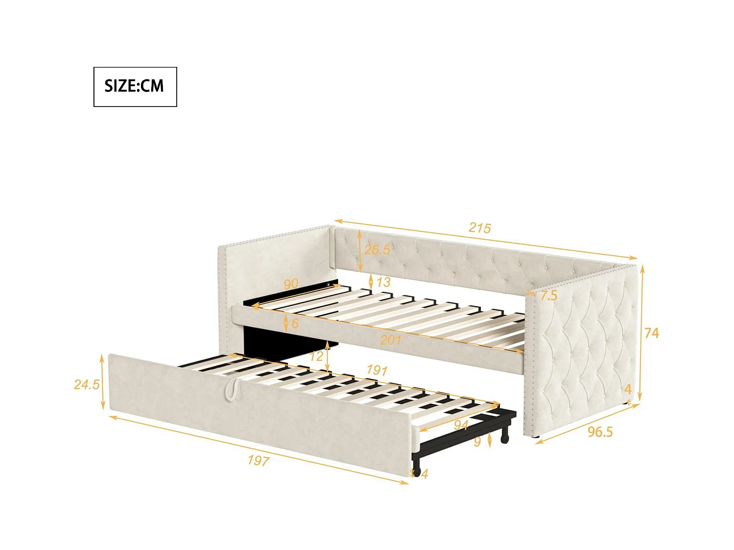 Letto estraibile imbottito in velluto - 90/180x200 cm - con rete a doghe - Beige