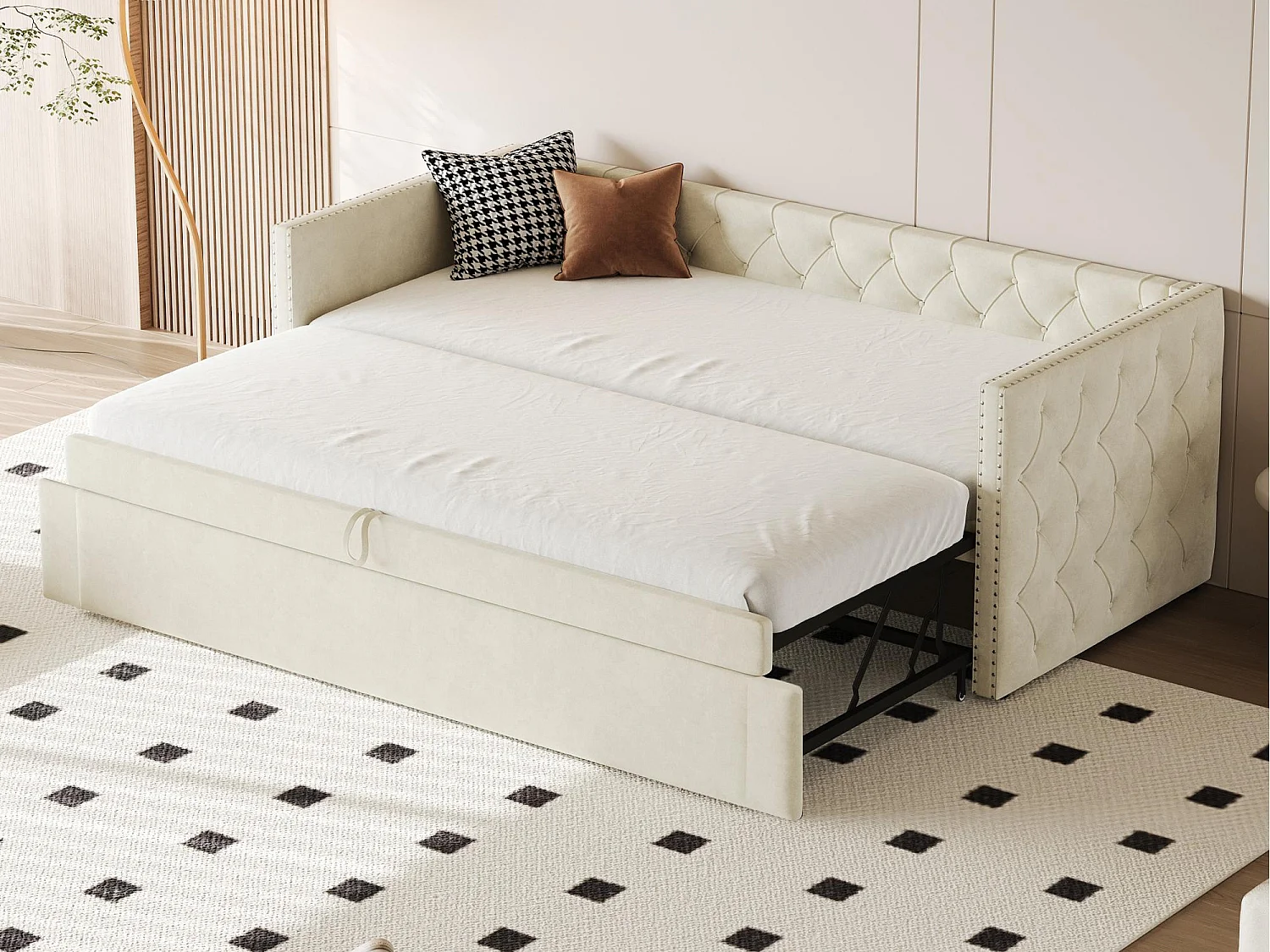 Lit gigogne rembourré en velours - 90/180x200 cm - avec sommier à lattes - Beige