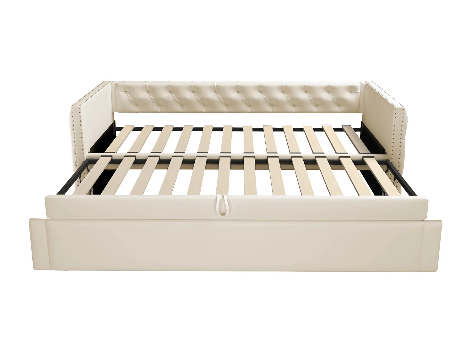 Lit gigogne rembourré en velours - 90/180x200 cm - avec sommier à lattes - Beige