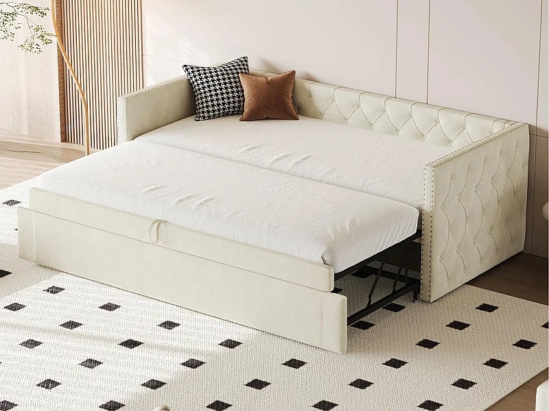 Fluweel gestoffeerd onderschuifbed - 90/180x200 cm - met lattenbodem - Beige