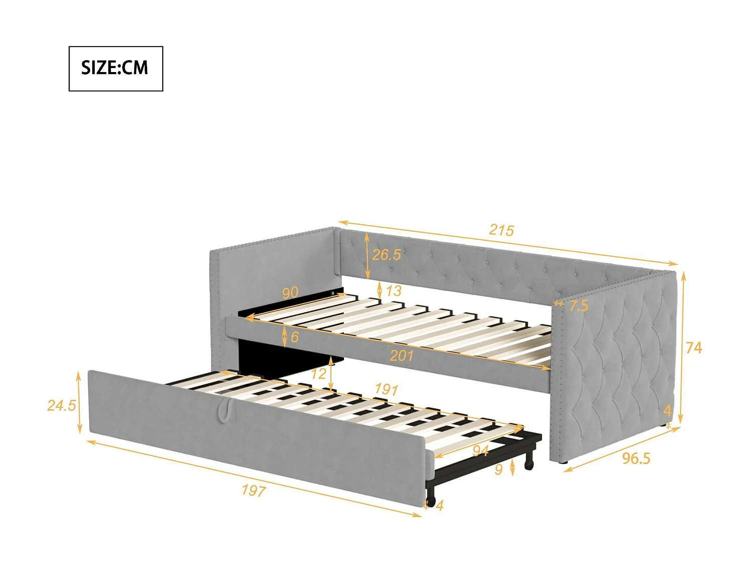 Fluweel gestoffeerd onderschuifbed - 90/180x200 cm - met lattenbodem - Lichtgrijs