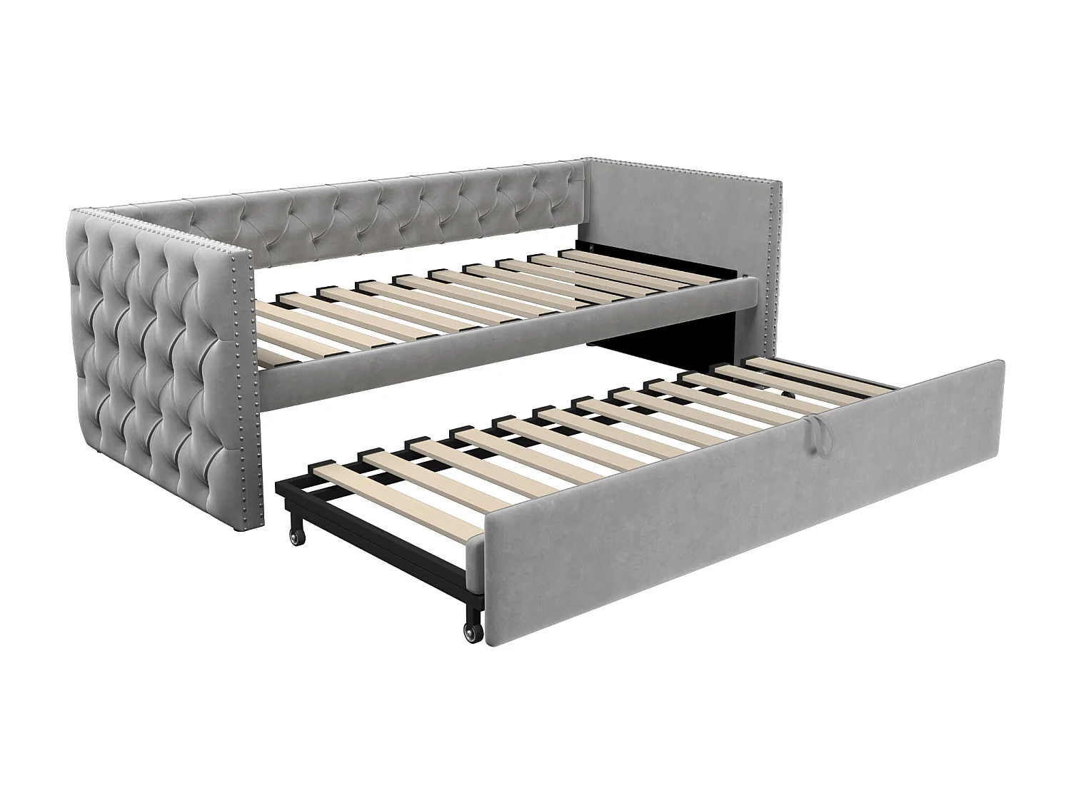 Fluweel gestoffeerd onderschuifbed - 90/180x200 cm - met lattenbodem - Lichtgrijs