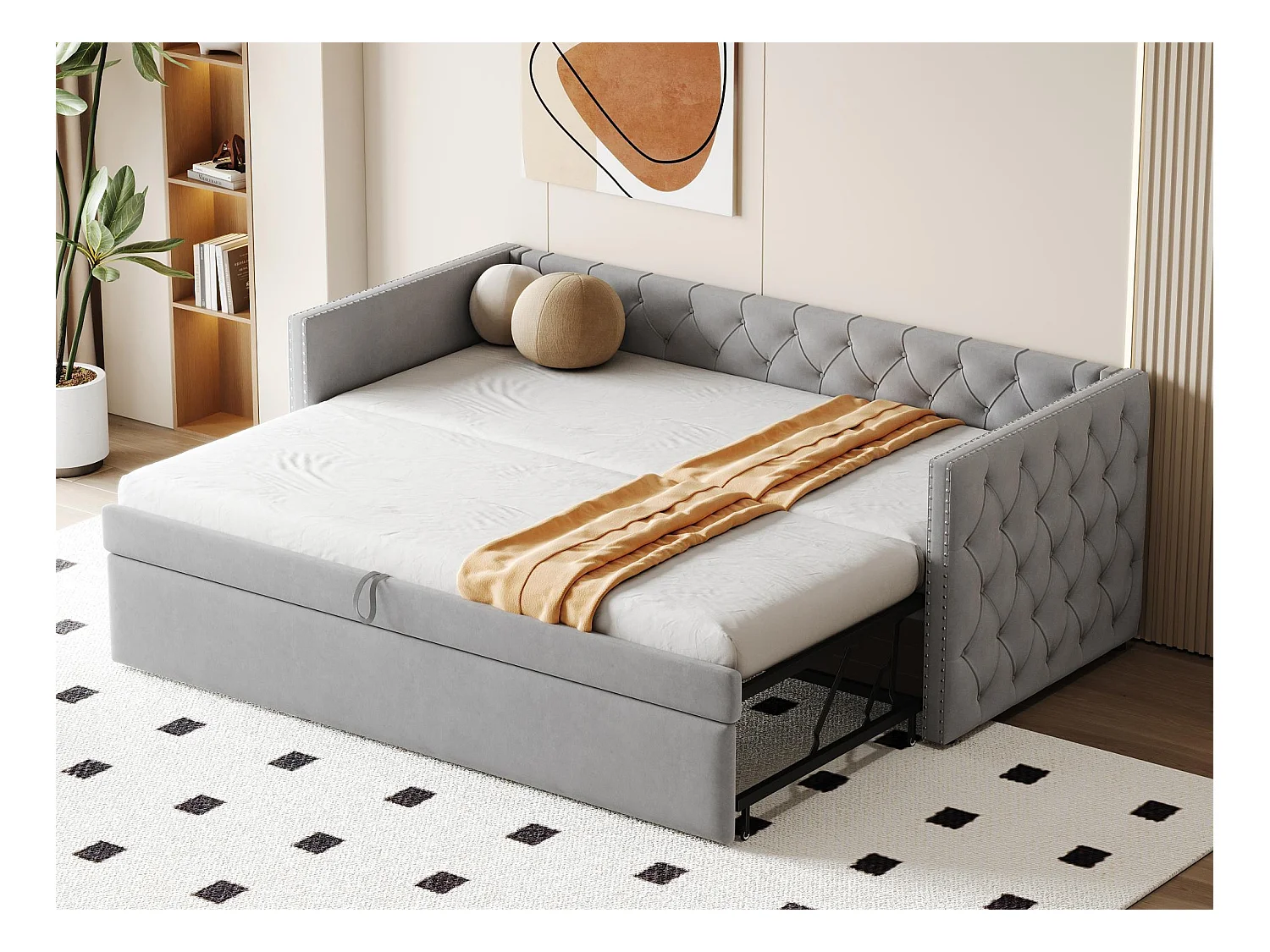 Lit gigogne rembourré en velours - 90/180x200 cm - avec sommier à lattes - Gris clair