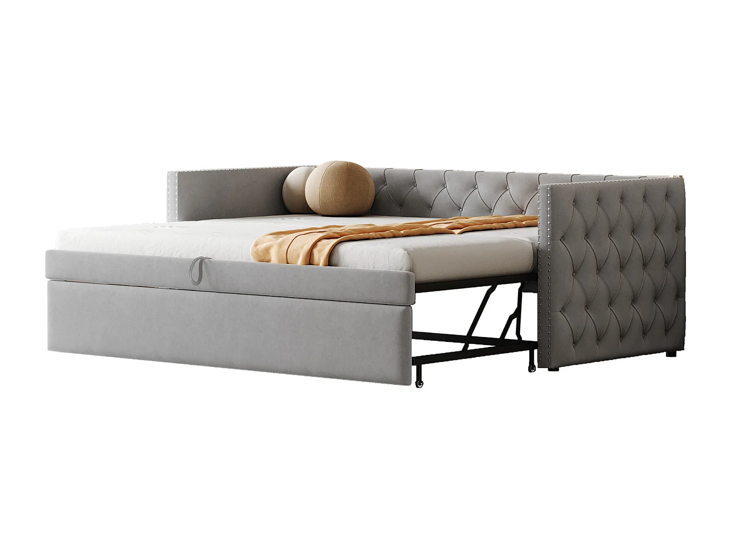 Cama nido tapizada en terciopelo - 90/180x200 cm - con somier de láminas - Gris claro