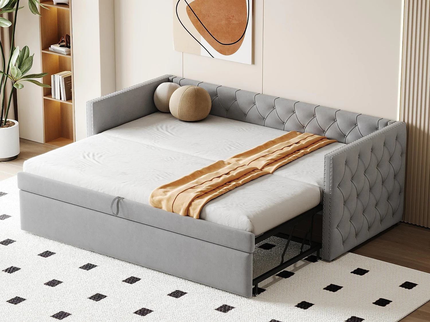 Cama nido tapizada en terciopelo - 90/180x200 cm - con somier de láminas - Gris claro