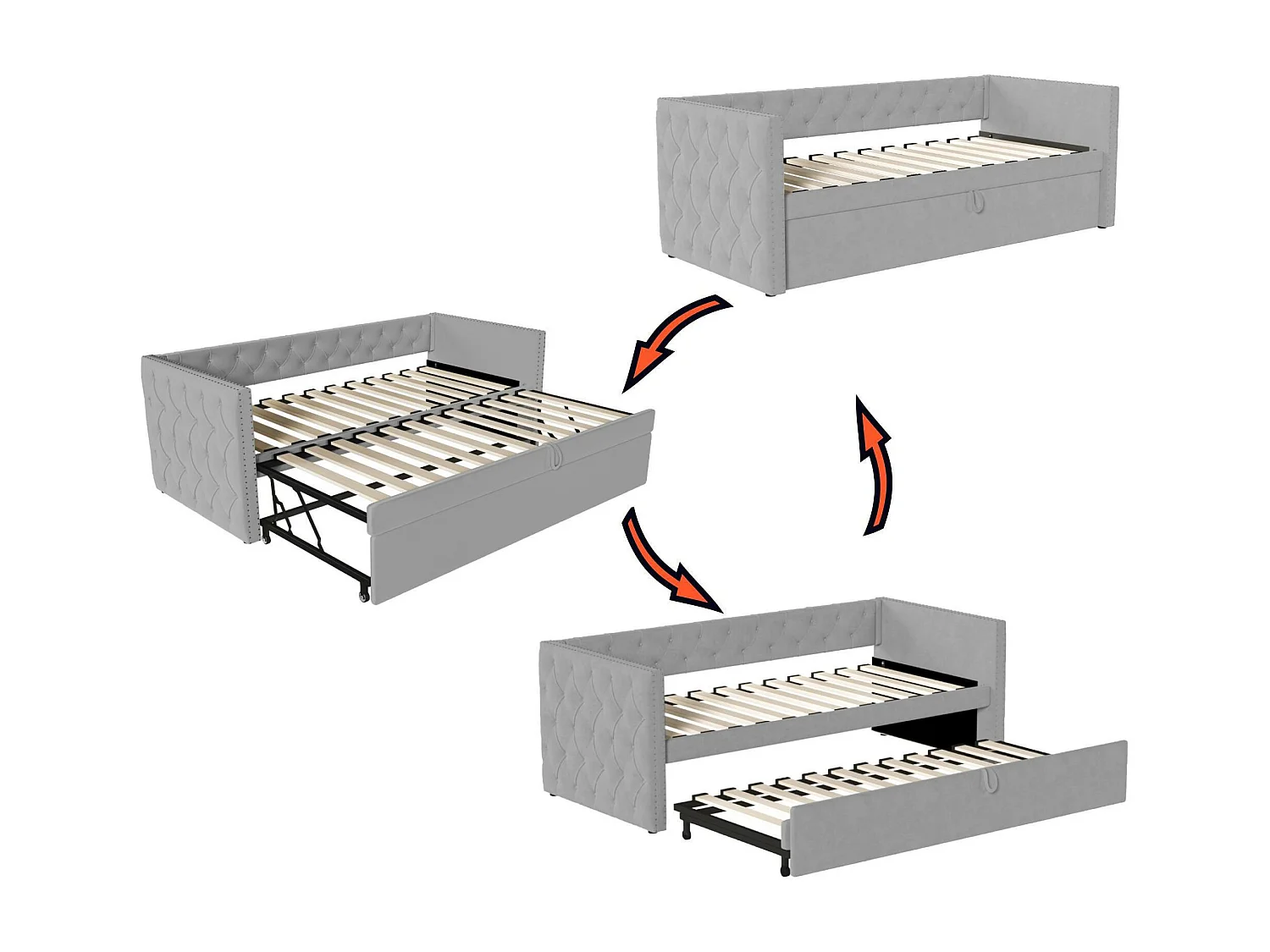 Lit gigogne rembourré en velours - 90/180x200 cm - avec sommier à lattes - Gris clair