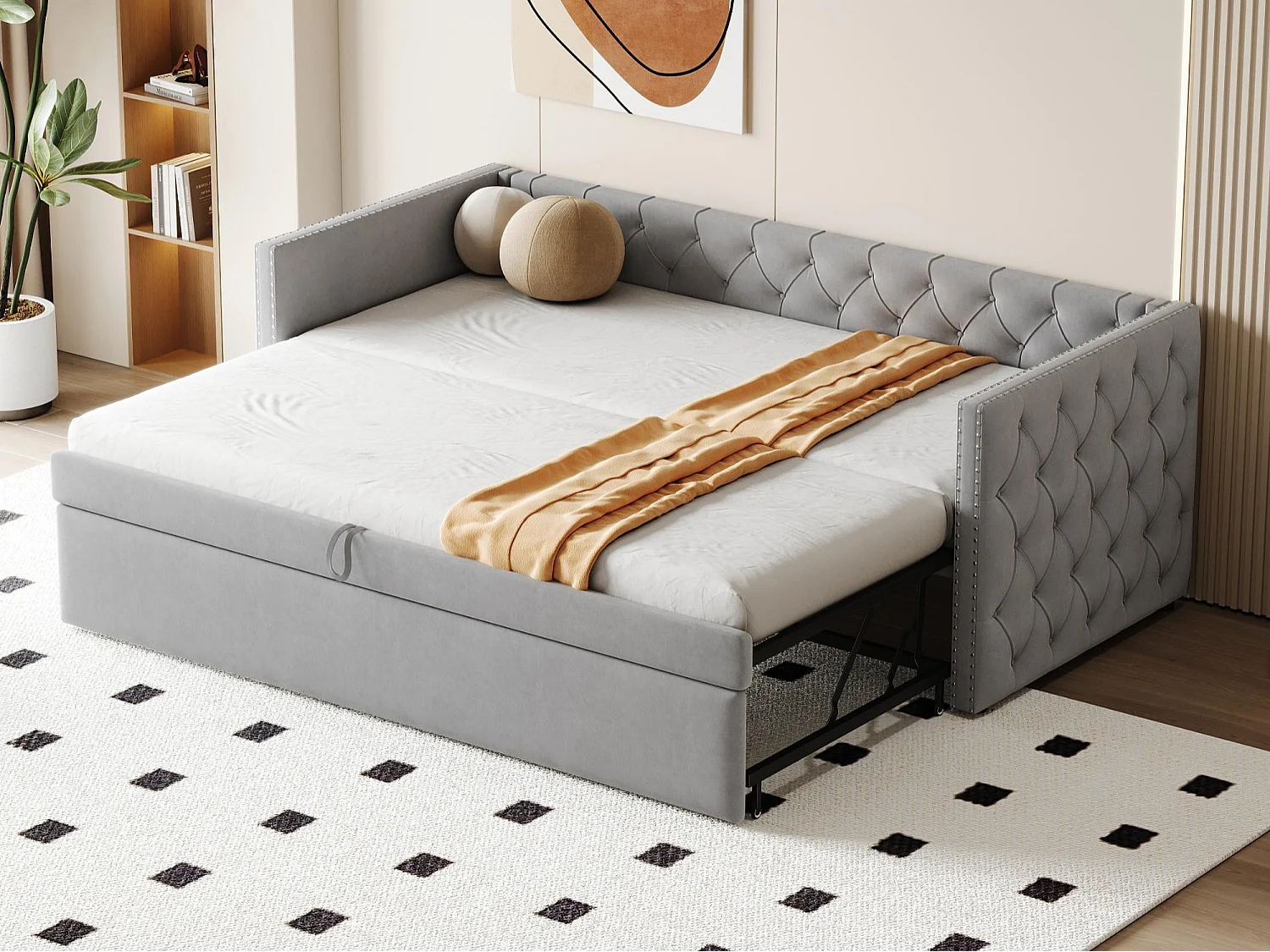 Gestaag slaapbank in fluweel - 90/180x200 cm - Uittrekbaar bedframe - met lattenbodem - Lichtgrijs