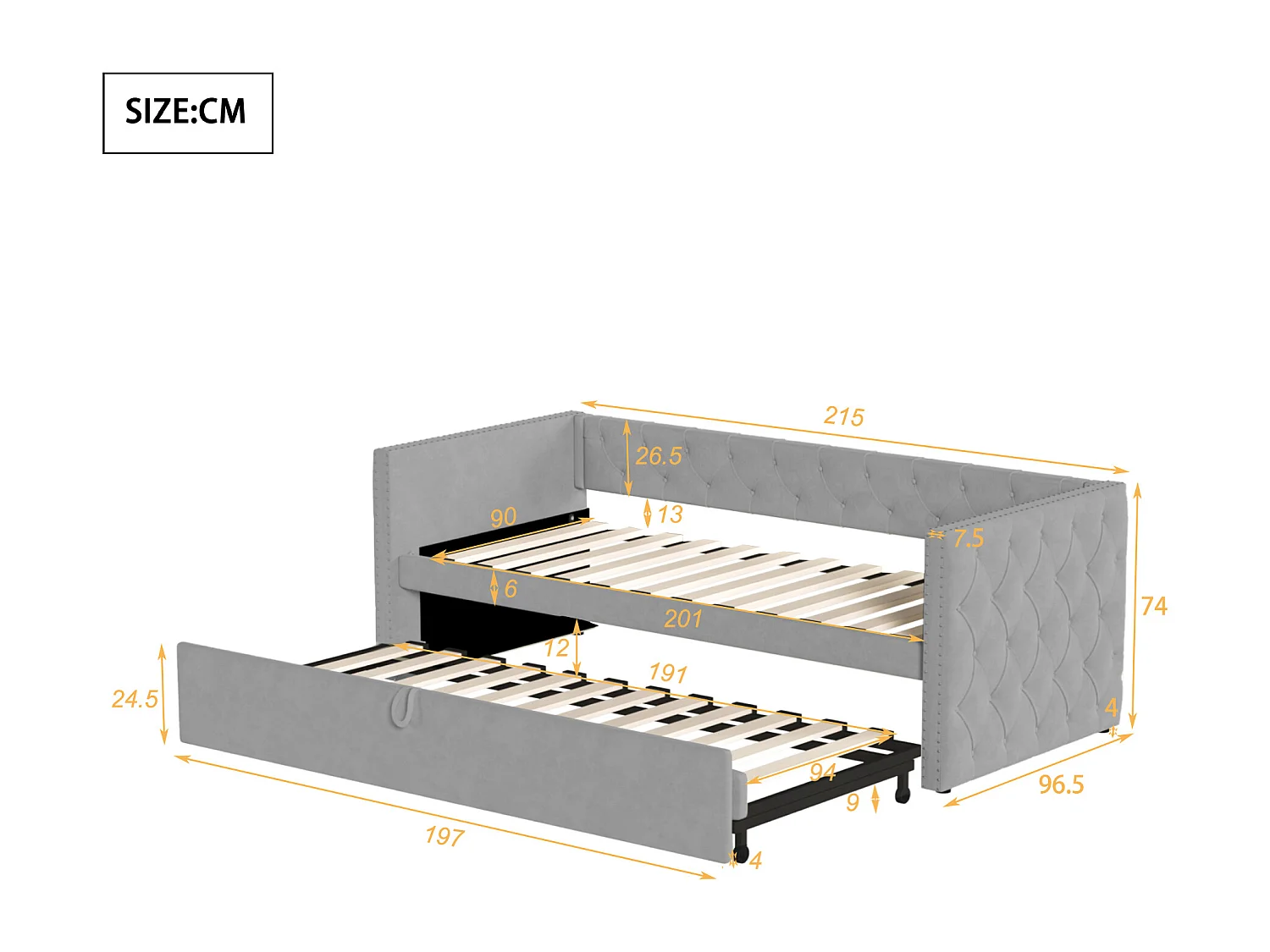 Gestaag slaapbank in fluweel - 90/180x200 cm - Uittrekbaar bedframe - met lattenbodem - Lichtgrijs