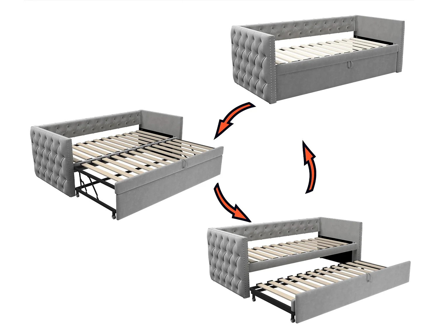 Gestaag slaapbank in fluweel - 90/180x200 cm - Uittrekbaar bedframe - met lattenbodem - Lichtgrijs