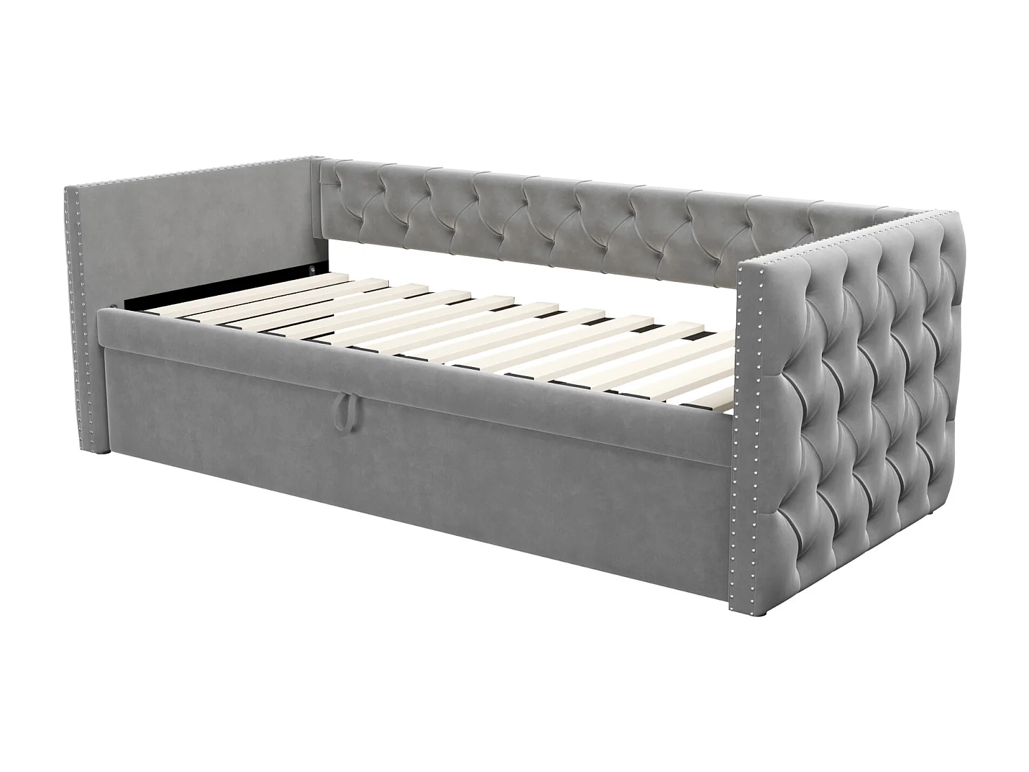 Gestaag slaapbank in fluweel - 90/180x200 cm - Uittrekbaar bedframe - met lattenbodem - Lichtgrijs