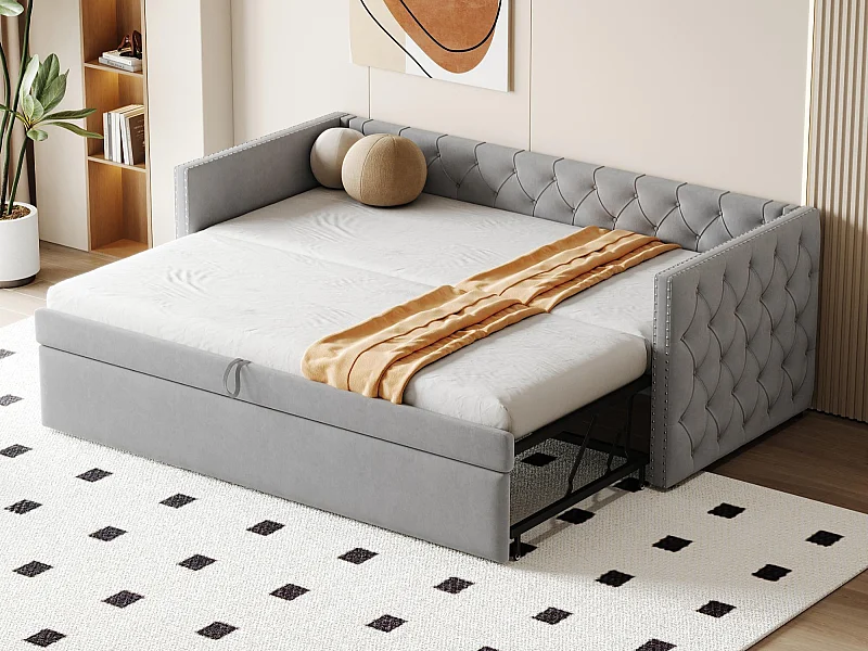 Canapé-lit rembourré en velours - 90/180x200 cm - cadre de lit gigogne - avec sommier à lattes - Gris clair